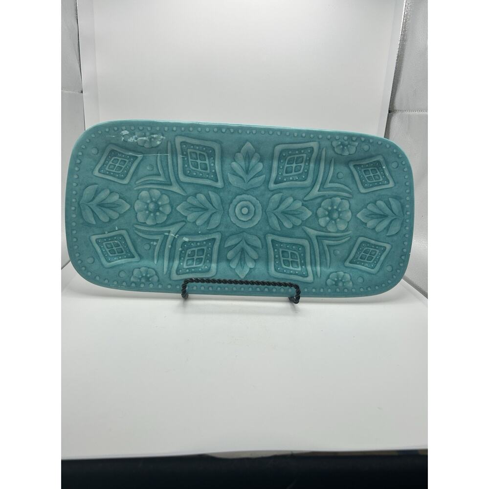 Tahari Teal Green Floral Medallion Serving Platter Tray Melamine Outdoor Indoor